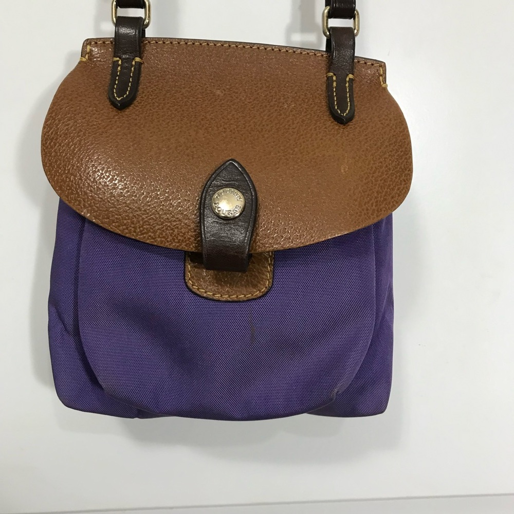 Dooney & Bourke Vintage Canvas Purple Leather Flap Saddle Bag Crossbody EUC
